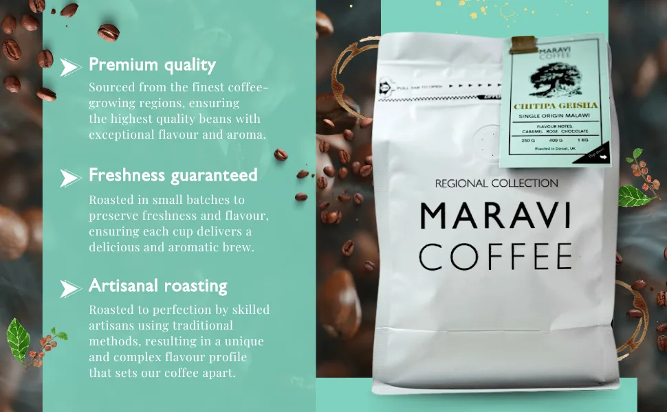 Maravi Speciality Coffee - Malawi Chitipa Geisha Coffee - Drip Grind Coffee - Medium Roast - Caramel Rose & Chocolate Notes - 1 kg Drip Grind 1 kg (Pack of 1) - trade artisanal small batch unique luxury exclusive finest award beverage drink