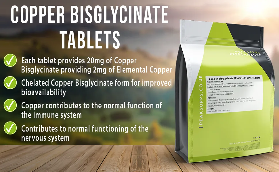 Copper Bisglycinate 2mg Tablets - Chelated - Immunity Support (180 Tablets) 0.4 g (Pack of 1) - Peak Supps Copper Bisglycinate (Chelated) Tablets
