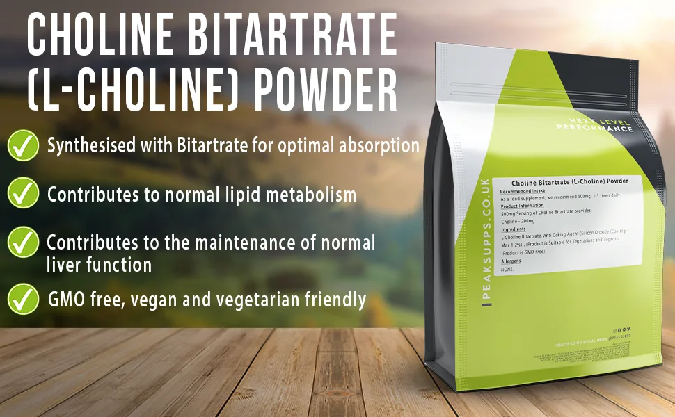 Choline Bitartrate Powder (L-Choline) (250g) High Strength Non GMO Vegan 250 g (Pack of 1) - Peak Supps Choline Bitartrate (L-Choline) Powder