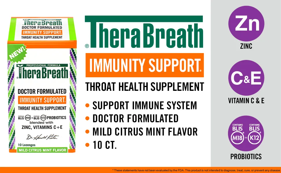 TheraBreath Immunity Support Throat Health Supplement Mild Citrus Mint 10 Lozenges - TheraBreath