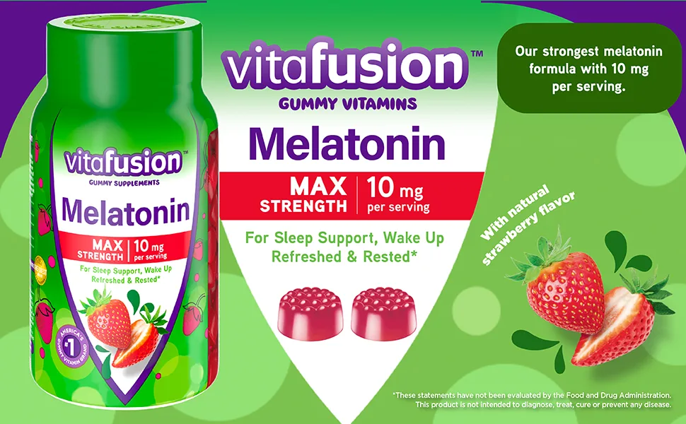 VitaFusion Max Strength Melatonin Natural Strawberry Flavor 10 mg 100 Gummies - vitafusion gummy vitamins max strength melatonin for sleep support