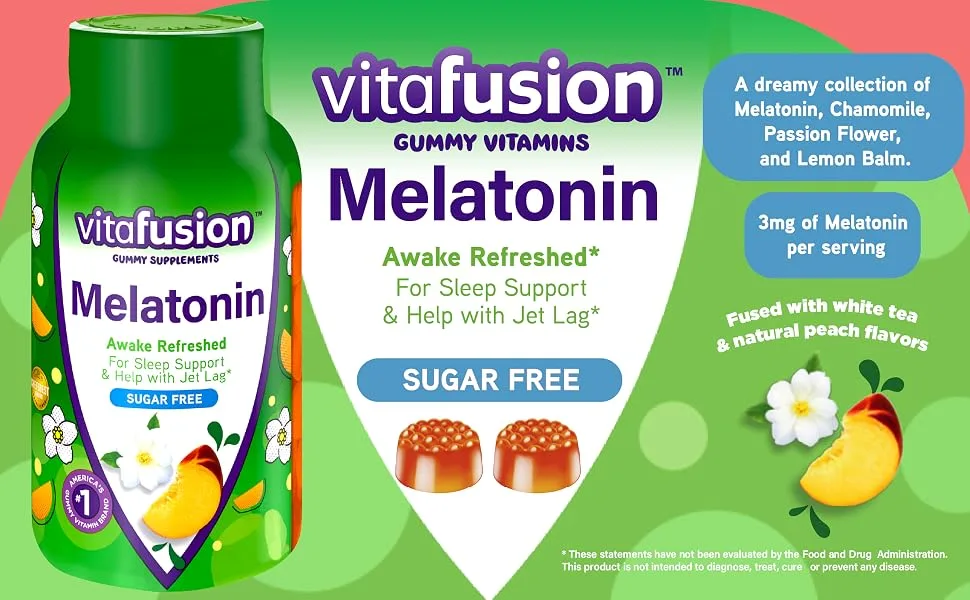 VitaFusion Melatonin Sugar Free Natural White Tea & Peach Flavors 140 Gummies - vitafusion melatonin gummy vitamins sugar free