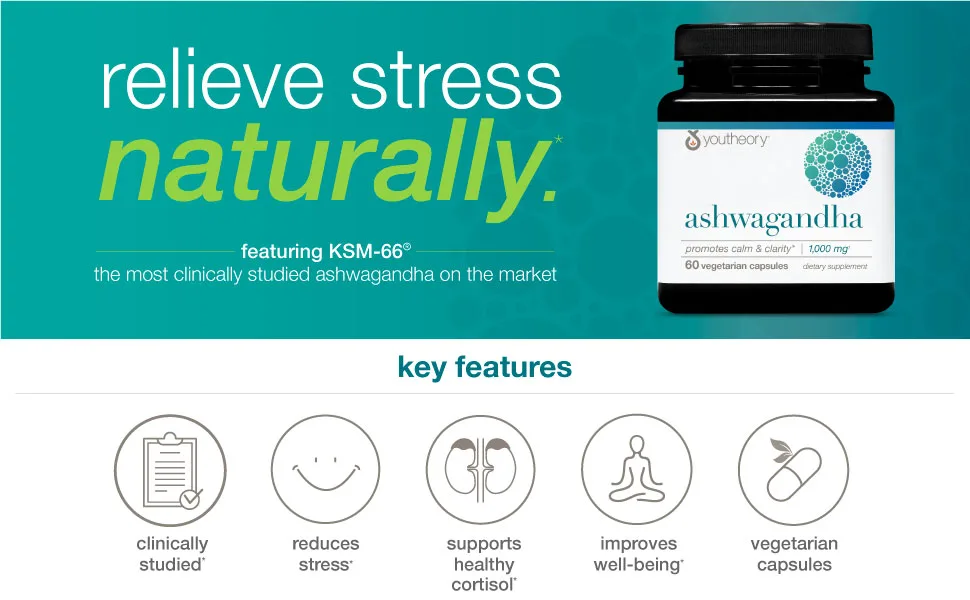 Youtheory Ashwagandha 1000 mg 60 Vegetarian Capsules - Top Banner