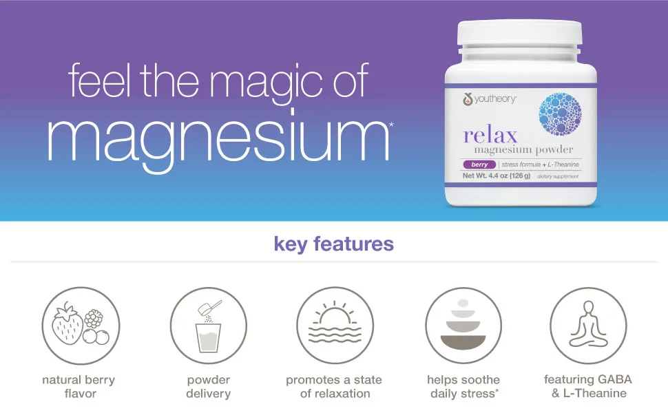 Youtheory Relax Magnesium Powder Stress Formula + L-Theanine Berry 4.4 oz (126 g) - mood relax memory cognition pressure concentration mental performance night supplement stress heart