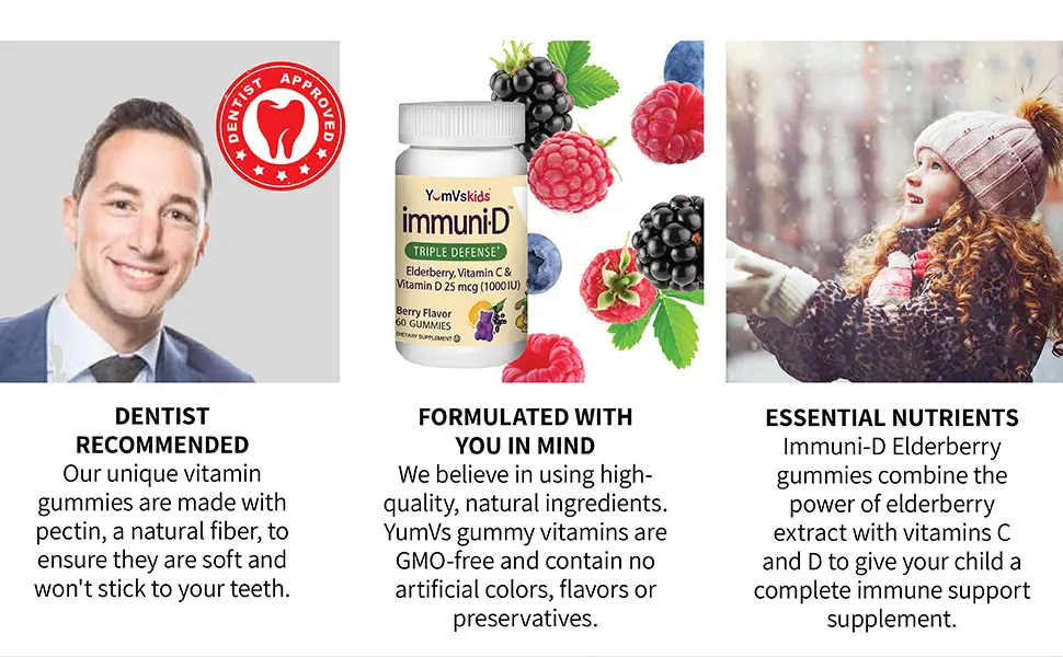 YumV's Elderberry Vitamin C & Vitamin D Triple Defense Berry Flavor 25 mcg (1000 IU) 60 Gummies - elderberry gummies vitamins, elderberry gummies for kids, elderberry gummies with vitamin c