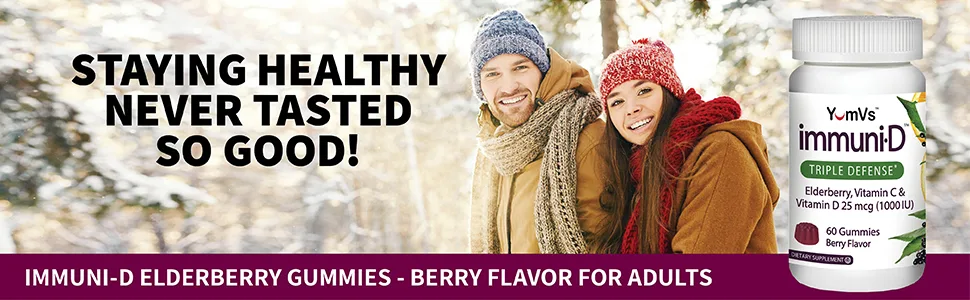 YumV's Elderberry Vitamin C & Vitamin D Triple Defense Berry Flavor 25 mcg (1000 IU) 60 Gummies - elderberry gummies, sambucus elderberry gummies, elderberry with vitamin c, elderberry vitamins