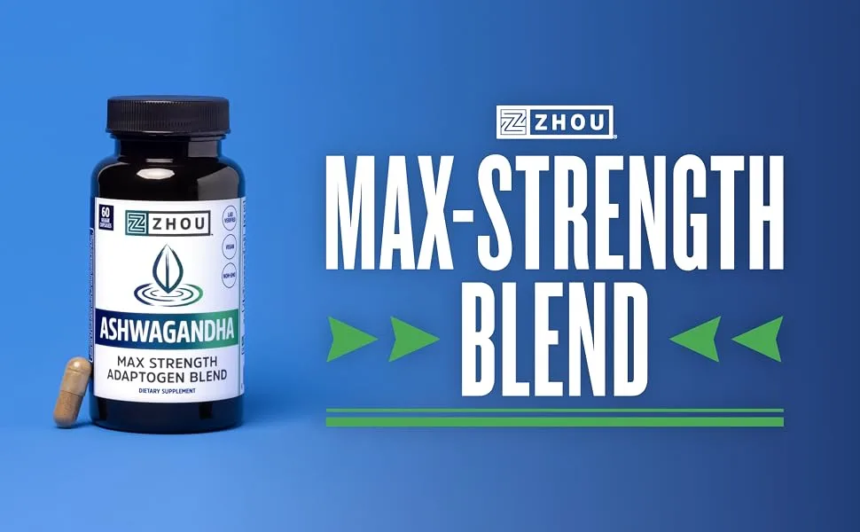 Zhou Nutrition Ashwagandha Max Strength 1200 mg 60 Veggie Capsules - Max Strength Adaptogen Blend