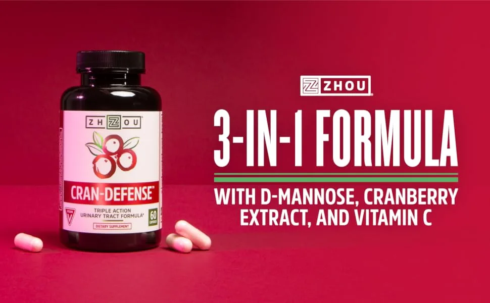 Zhou Nutrition D-Mannose with Cranberry XBAC 60 Veggie Capsules - 3 in 1 formula with d-mannose, cranberry extract, and vitamin c