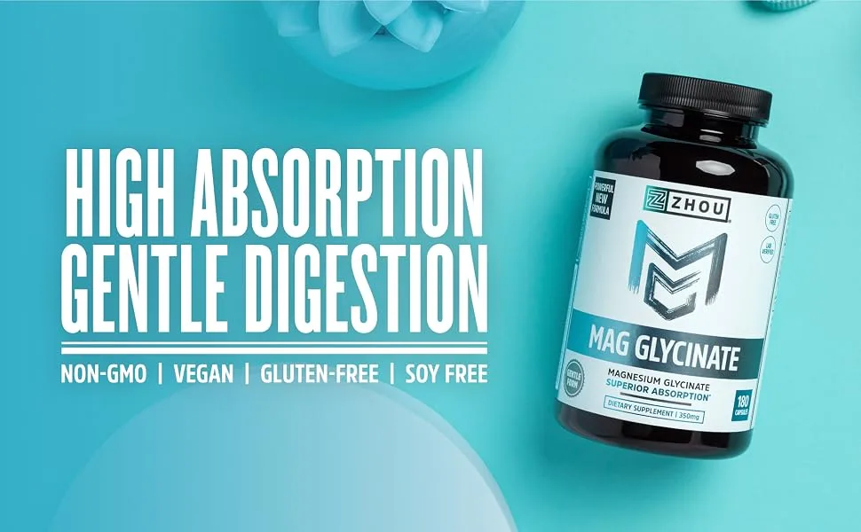Zhou Nutrition Mag Glycinate - 350 mg - 180 Tablets - High Absorption Gentle Digestion