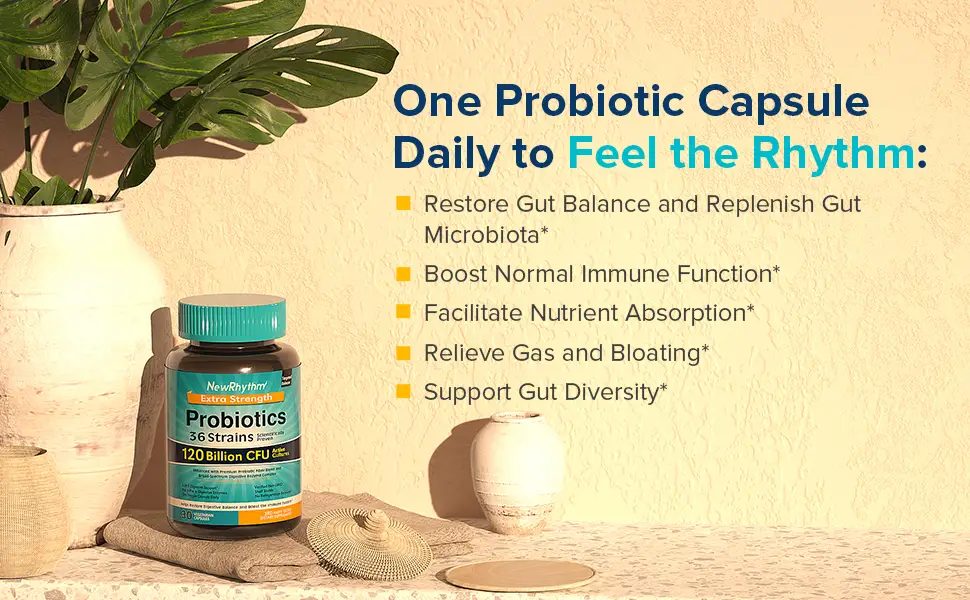 NewRhythm Extra Strength Probiotics 120 Billion CFU - 30 Capsules - NewRhythm Extra Strength Probiotics relieves gas and bloating and boosts healthy immune function.*