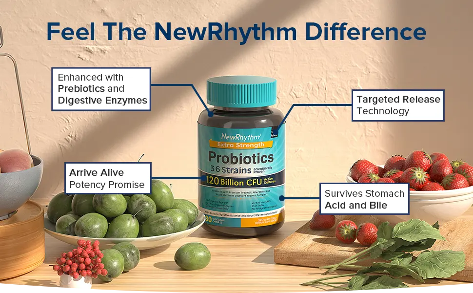 NewRhythm Extra Strength Probiotics 120 Billion CFU - 30 Capsules - NewRhythm Probiotics is professionally formulated, handled, tested to ensure stability and potency.