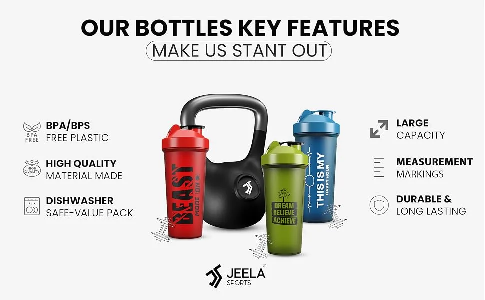 JEELA SPORTS Protein Shaker Bottles 5 Pack - 24 Oz - protein shaker 2 pack