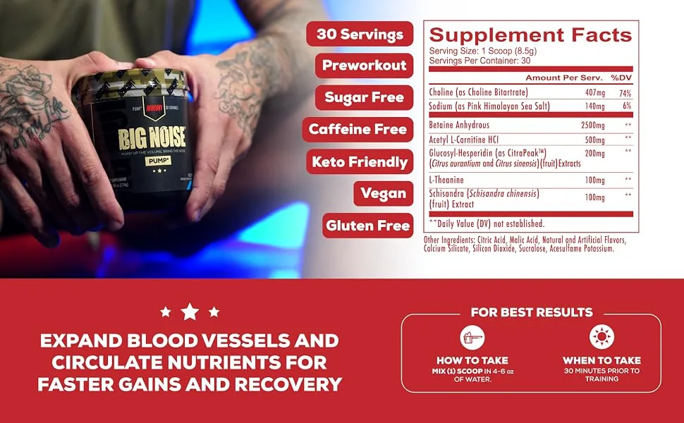 REDCON1 Big Noise Non-Stim Pre Workout - Pump, Muscular Endurance + Focus Enhancing Caffeine Free Pre Workout Powder - Keto Friendly Workout Powder for Faster Gains (Watermelon, 30 Servings) - MAIN