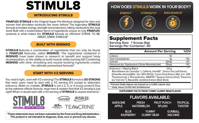 STIMUL8 Original Super Pre Workout - Apple Blast - 40 Servings - BOTTOM