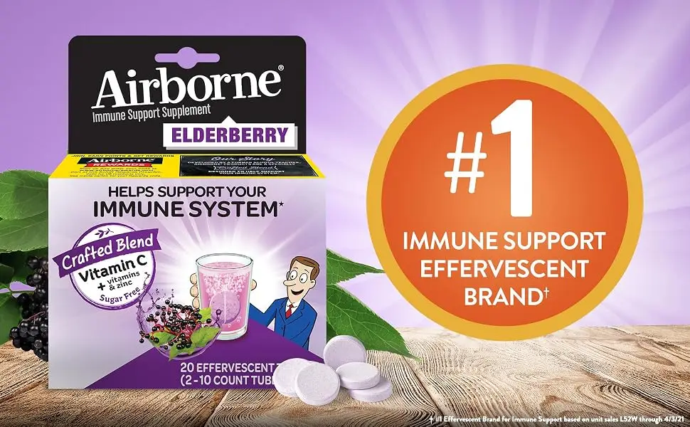 Airborne Elderberry Extract + Vitamin C 1000mg - 20 Tablets - Airborne Elderberry Effervescent Tablets #1 Immune Support Brand