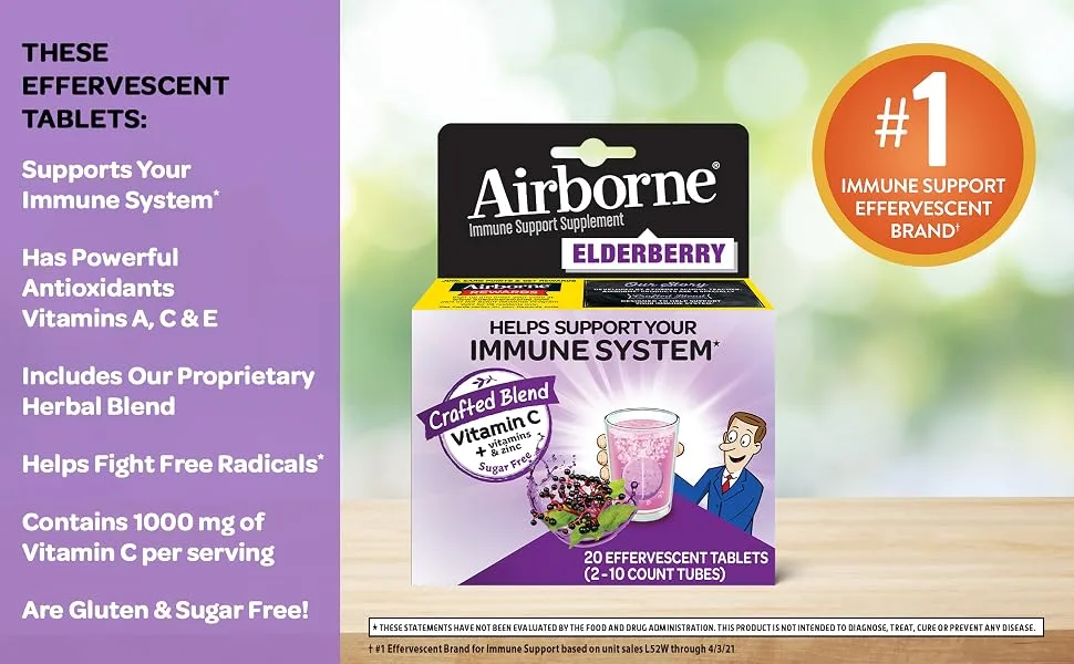Airborne Elderberry Extract + Vitamin C 1000mg - 20 Tablets - Airborne Elderberry Effervescent Tablets has the antioxidants vitamins A C & E