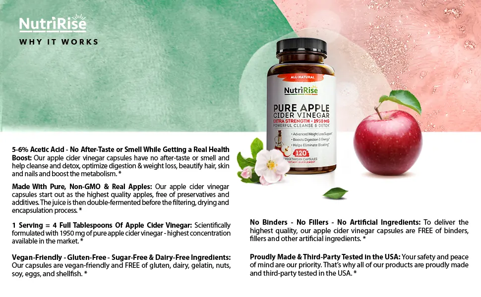 NutriRise Apple Cider Vinegar Capsules Potency 1950mg Weight Loss - 120 Capsules - apple-cider-vinegar-capsules-acv-keto-pills-weight-loss-for-women-and-men-belly-fat-burner-support