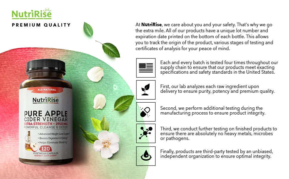 NutriRise Apple Cider Vinegar Capsules Potency 1950mg Weight Loss - 120 Capsules - apple-cider-vinegar-capsules-acv-raw-weight-loss-fast-leptin-resistance-supplement-for-women-men