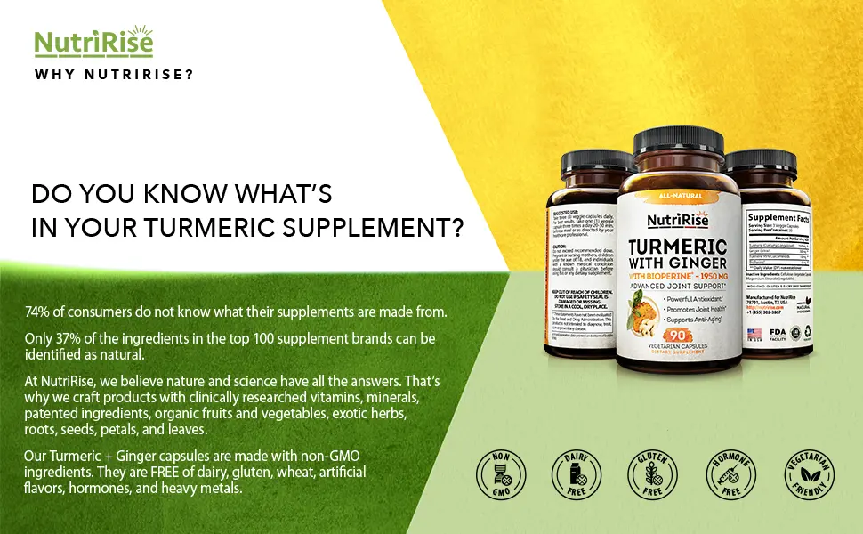 NutriRise Turmeric Curcumin Supplement With Ginger - 90 Capsules - turmeric-with-ginger-95-curcuminoids-vitamins-supplements-women-and-men-root-ankle-support-for-knee