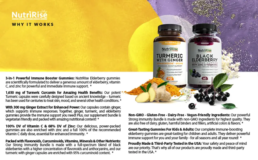 NutriRise Turmeric Curcumin Supplement With Ginger - 90 Capsules - turmeric with ginger black elderberry gummies immunity support blend booster bone energy pills