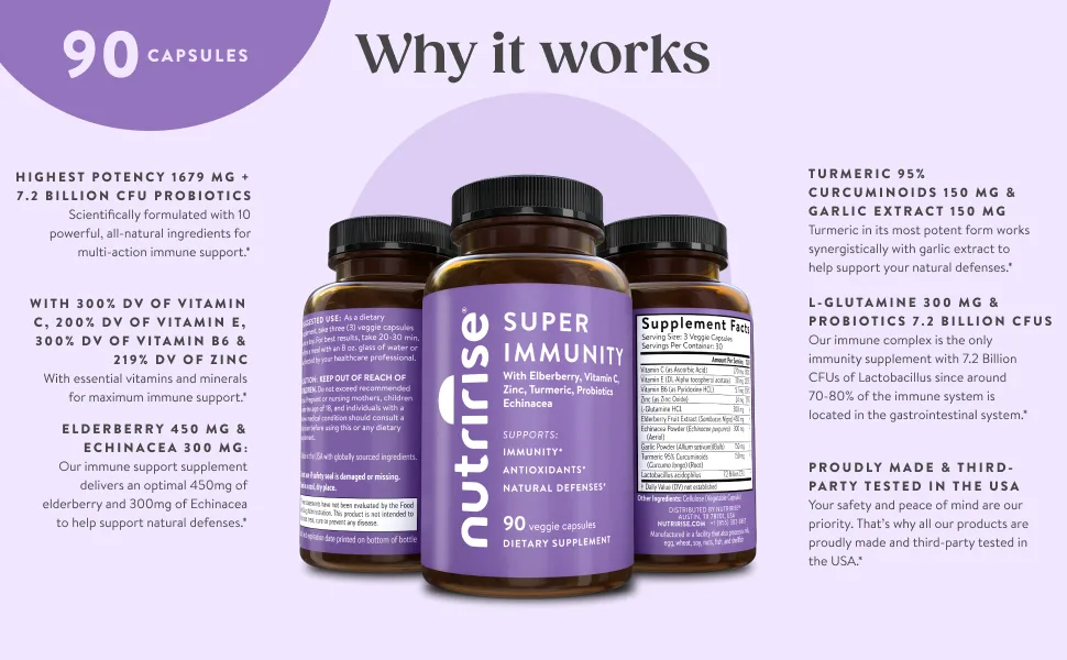 NutriRise Immunity Complex Immune Support Supplement Vitamin C E B6 Zinc Turmeric Curcumin Elderberry L-Glutamine Echinacea 7.2 Billion CFU Probiotics for Gut Health for Men & Women 90 Count - Immune-support-vitamin-c-zinc-lozenge-50mg-gluten-free-liposomal-powder-elderberry-gummies
