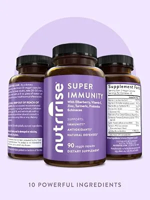 NutriRise Immunity Complex Immune Support Supplement Vitamin C E B6 Zinc Turmeric Curcumin Elderberry L-Glutamine Echinacea 7.2 Billion CFU Probiotics for Gut Health for Men & Women 90 Count - super-immunity-complete-complex-vitamin-c-zinc-turmeric-echinacea-elderberry-seasonal-challenges