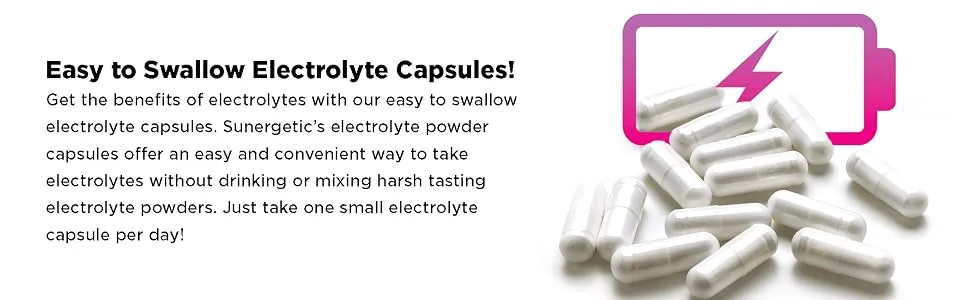 Sunergetic Premium Electrolyte Capsules Support for Keto Low Carb Rehydration & Recovery - 100 Capsules - Sunergetic Premium Electrolyte Capsules - no mixing harsh tasting drinks, no sugar, active lifestyle