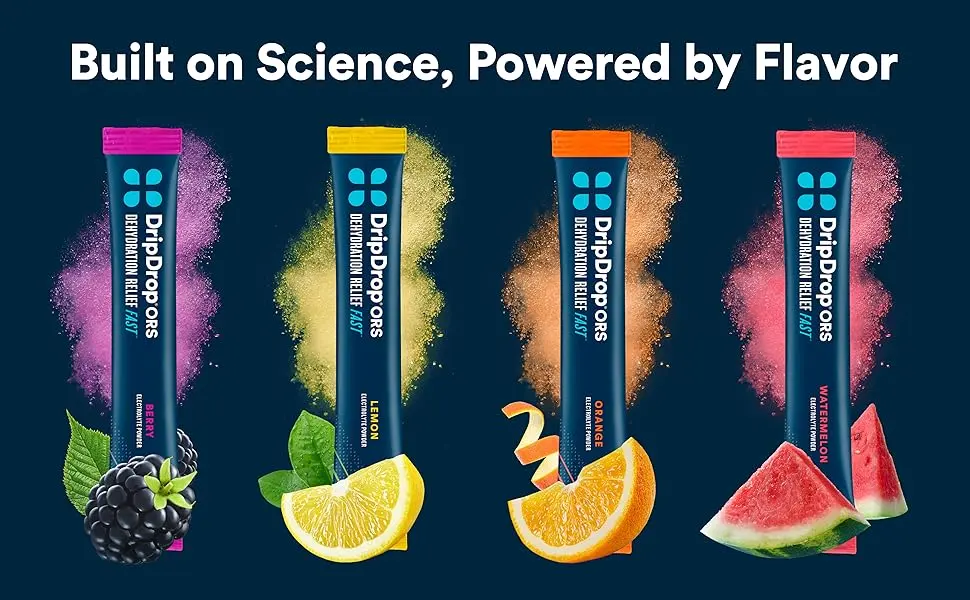 DripDrop ORS Patented Electrolyte Powder -  Variety Pack Watermelon ,Berry, Lemon - 16 Count - Image of sticks of Bold Classics flavors