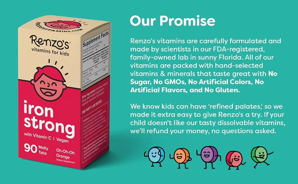 Renzo's Iron Supplements for Kids Dissolvable Vegan Iron Supplement for Children - 90 Tablet - iron for kids