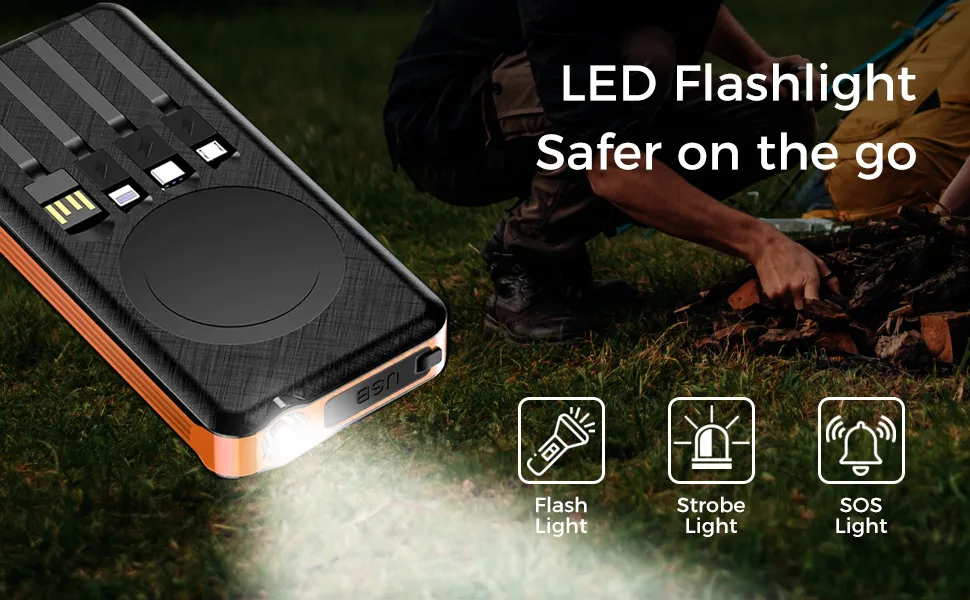 Alpha Digital Outdoor Solar Portable Power Bank with Wireless Charging 10000mAh - Orange - LED flashlight