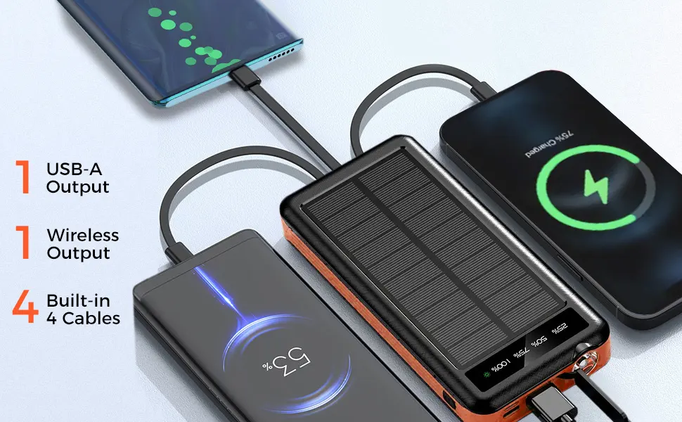 Alpha Digital Outdoor Solar Portable Power Bank with Wireless Charging 10000mAh - Orange - multiple output