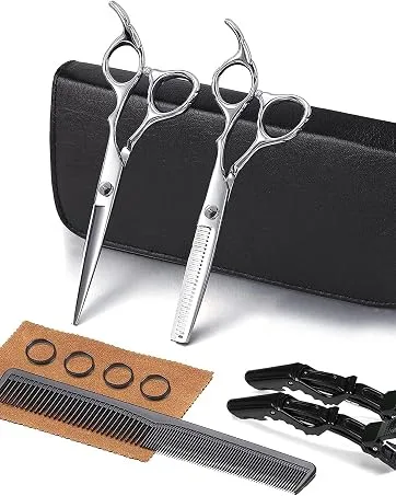 ANGNYA Hairdressing Scissors Set Hair Scissors Stainless Steel Barber Texturizing Scissors with Leather Case 6.0 Inch Silver - Hairdressing Scissors