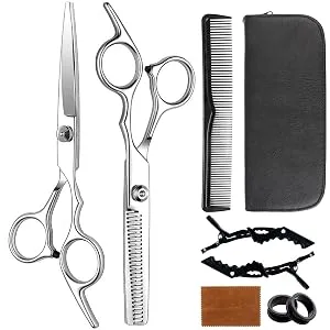 ANGNYA Hairdressing Scissors Set Hair Scissors Stainless Steel Barber Texturizing Scissors with Leather Case 6.0 Inch Silver - Haitdressing Scissors Set