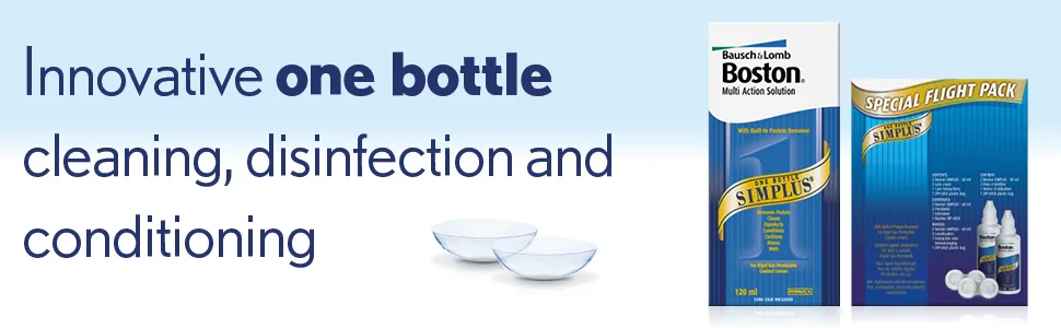 Boston Simplus Travel Contact Lens Solution 2x 60ml Flight Pack Size Multi-Action Solution for Rigid Gas Permeable Contact Lenses Clean Disinfect & Condition 2x Lens Cases for Travel Convenience Flight Pack 2x60ml - Boston simplus banner
