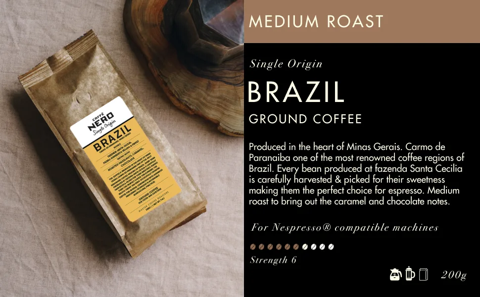 Caff Nero - Brazil Blend Roasted Ground Coffee - Medium Dark Roast - 1.2KG (6 x 200g Bulk Pack) - Brazil Ground Coffee