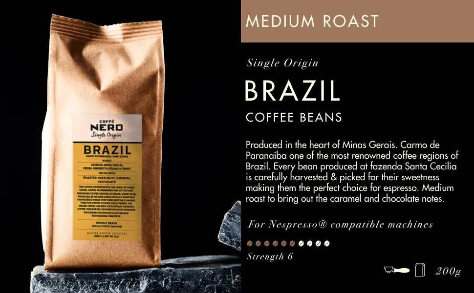 Caff Nero - Brazil Blend Coffee Beans - Medium Roast - 1.2KG (6 x 200g Bulk Pack) - Brazil Beans
