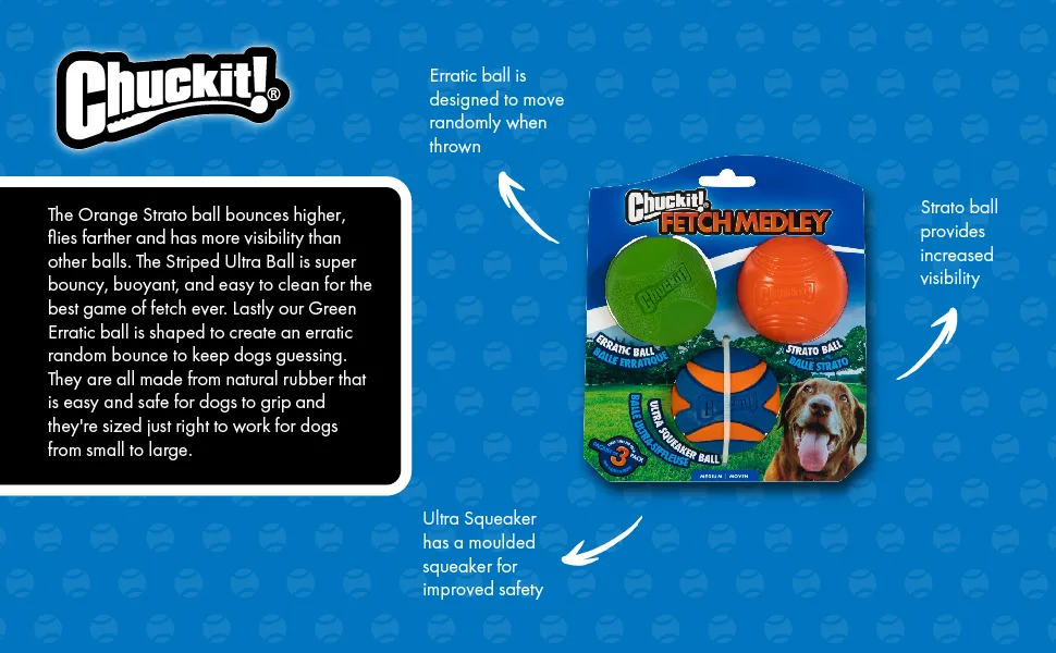 ChuckIt! Fetch Rubber Dog Ball Medley Strato Erratic Ultra Squeaker Balls for Dogs Durable High Bounce Launcher Compatible Dog Toy Gen 2 - 3 Pack Medium Multi Medium - kick fetch