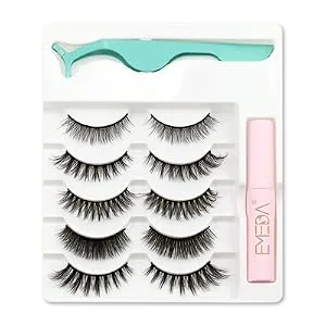 EMEDA 3D Natural False Lashes with Glue 5 Pairs Fluffy False Cat Eye Lashes Multipack Thick and Long False Eyelashes With Glue Strip Fake Lashes With Applicator False Lashes Kit mix-001 - natural lashes with glue