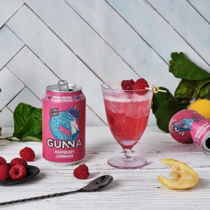 Gunna Fizzy Drinks Raspberry Pink Lemonade Cans Natural Vegan Sparkling Natural Soft Drink Real Raspberry and Lemon Flavour Immune Boosting Drink 330ml x 12 12 x 330ml - immune boosting functional lemonade soda soft drink vitamin mineral refreshing beverage sparkling