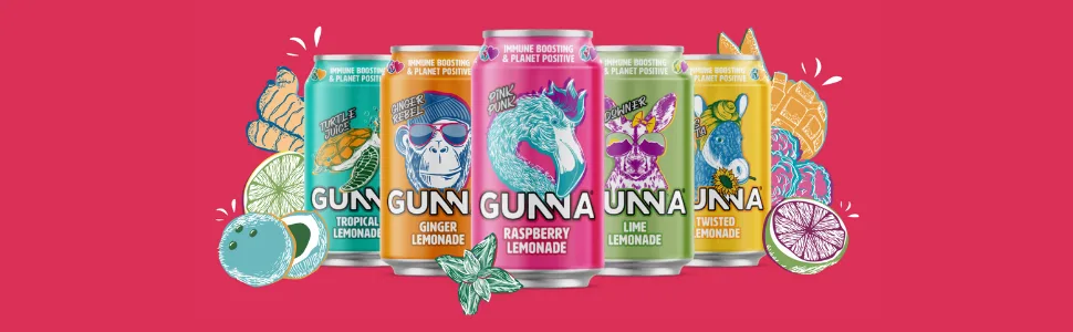 Gunna Fizzy Drinks Raspberry Pink Lemonade Cans Natural Vegan Sparkling Natural Soft Drink Real Raspberry and Lemon Flavour Immune Boosting Drink 330ml x 12 12 x 330ml - immune boosting functional lemonade soda soft drink vitamin mineral refreshing beverage sparkling