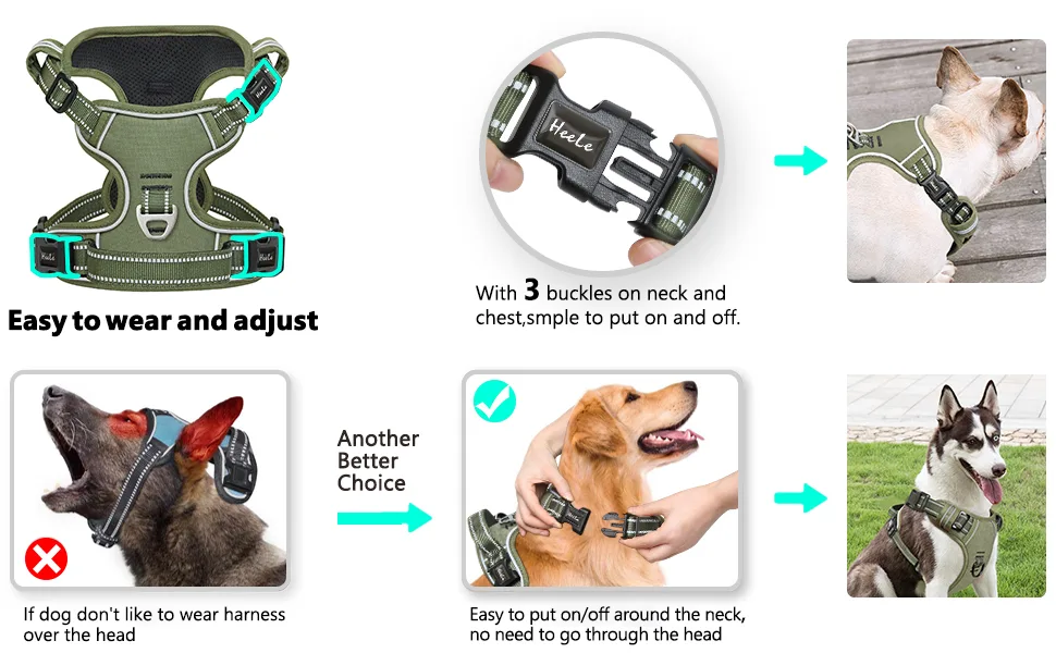 HEELE Dog Harness No Pull Dog Harness Small Release on Neck Front Back Clips Dog Vest Harness Reflective Adjustable Padded Easy Control Handle for Outdoor Walking Training Green S S (Pack of 1) Solid Green - product information 17