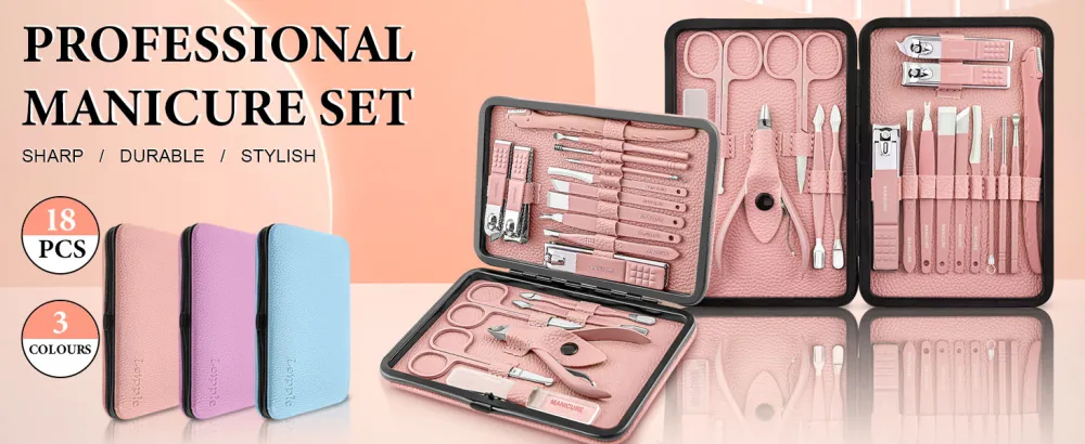 Manicure Set Professional Pedicure Kit Nail Clippers Kit - 18 Pcs Nail Care Tools - Grooming Kit with Luxurious Upgraded Travel Case (Purple) - manicure set