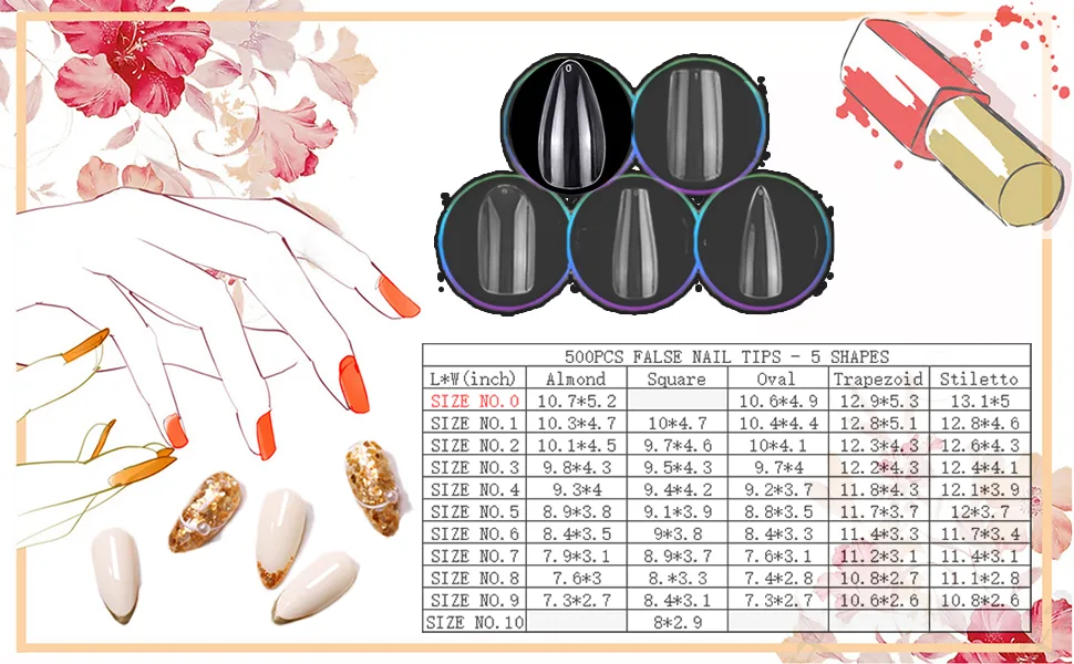 Square Shaped Acrylic Nail Tips 500PCS Full Cover False Nails with Case for DIY Nail Art 10 Sizes square-natural - nail tips