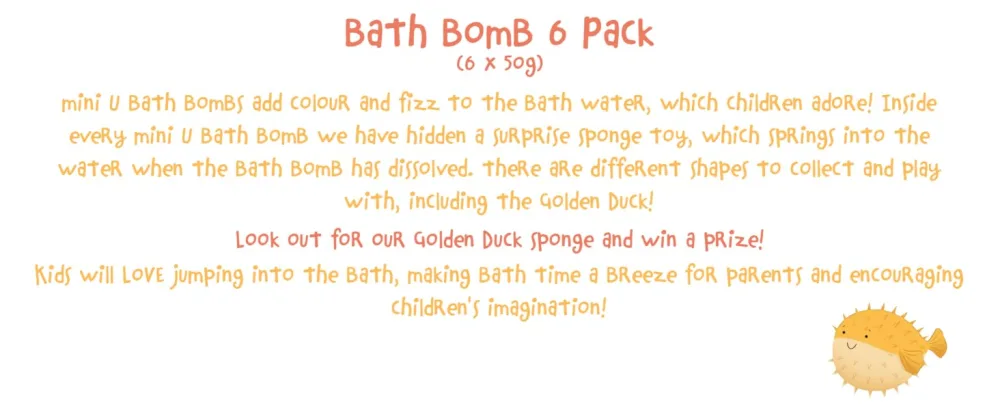 Mini U Bath Bombs 6 Pack - Kids Christmas Stocking Filler - Bath Time Gift Orange - bath bomb 6 pack text