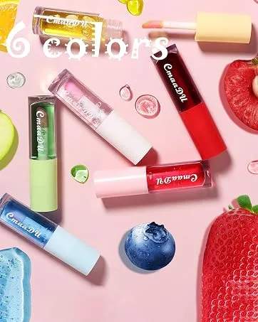 Mrettick Hydrating Lip Glow Oil 6 Pack Moisturizing Lip Balm Fruit-Flavored Lip Gloss Set Lip Care Kit - Can according to the temperature and humidity of lips,adjust the depth of the lip color