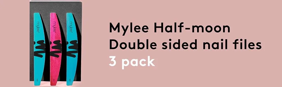 Mylee 3 Pack Double Sided Half Moon Nail File 100/180 Grit - Salon Quality Nails Professional Manicure Tool - Use on Natural Nails or Extensions - half moon nail file
