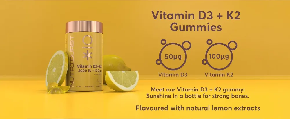 Nutriburst Vitamin D3 (2000IU) + K2 (100 g) Multipack - Essential Nutrients to Support Bone Health Skeletal Function & Immune Function - Vegan & Sugar Free - 3 x 60 Lemon Gummies - 3 Month Supply Vitamin D3 + K2 60 count (Pack of 3) - d3 k2