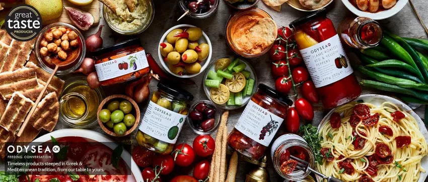 Odysea Double Stuffed Olives with Peppers & Almonds (Pack of 6 x 295g Jars) - Odysea brand image