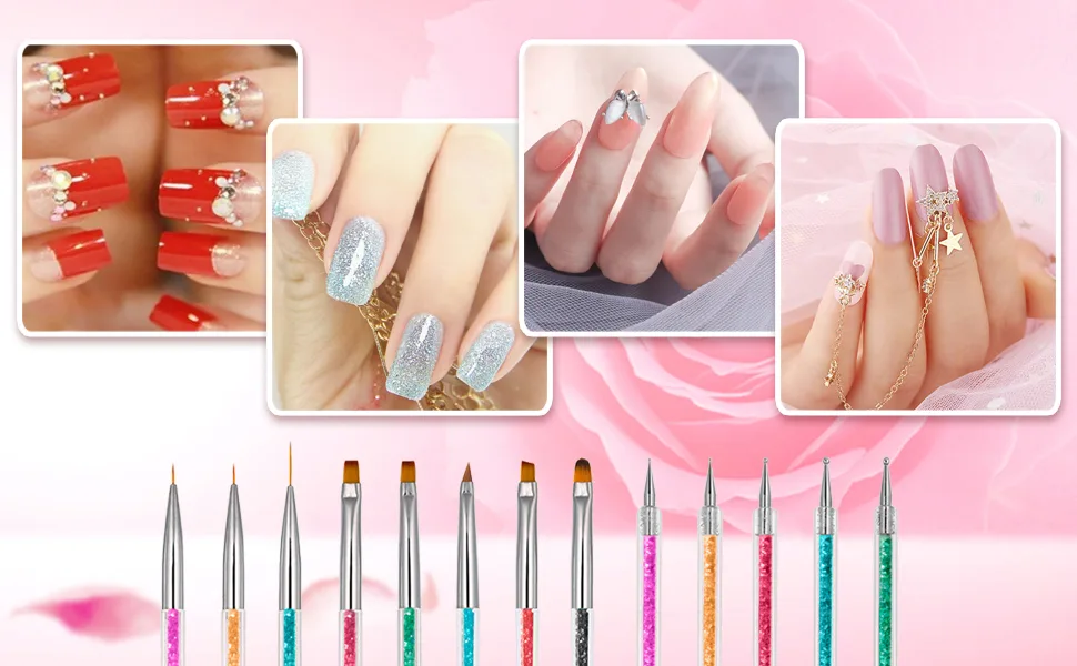 Function Nail Brush for Dotting Drawing Nail Art Brushes for Gel Nails Painting Tools Liner Design Nail Art Kit with Glitter Handle 8 Count (Pack of 1) - nail brush