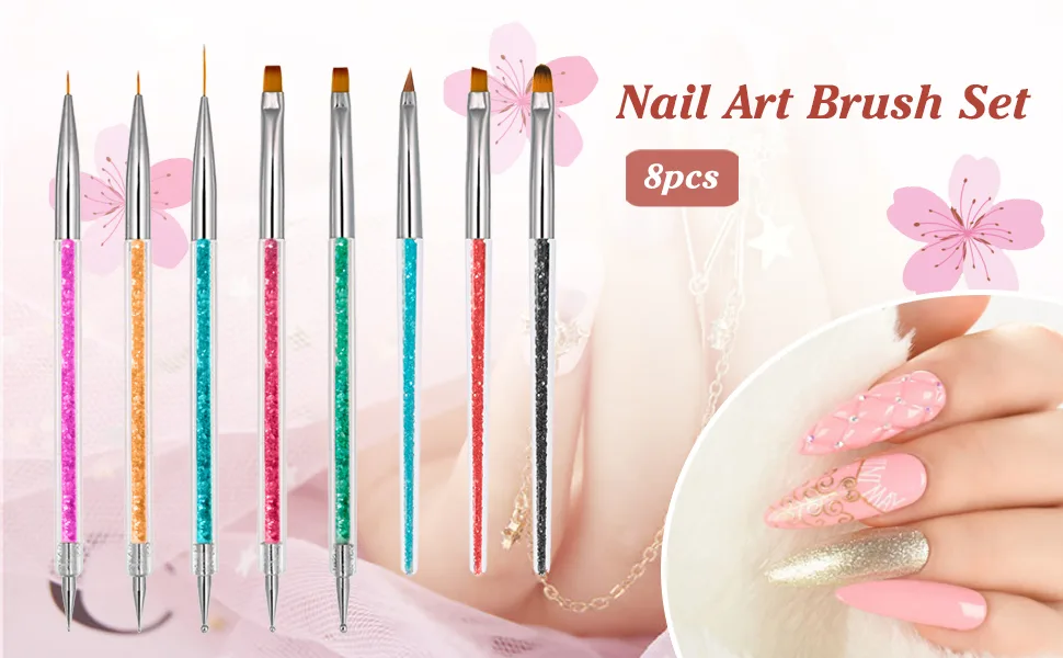 Function Nail Brush for Dotting Drawing Nail Art Brushes for Gel Nails Painting Tools Liner Design Nail Art Kit with Glitter Handle 8 Count (Pack of 1) - nail brush
